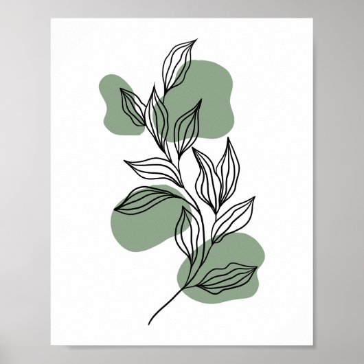 Minimal Botanical Line Art Leaves with Sage Green  ポスター (正面)