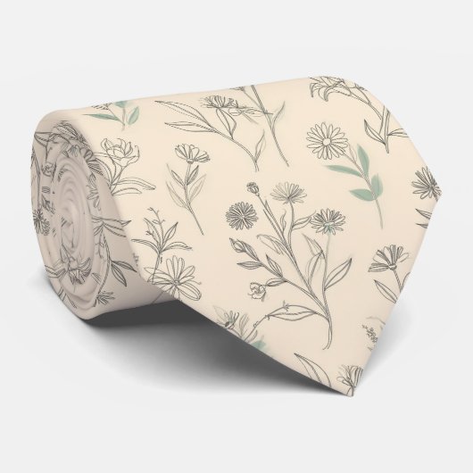 Minimal Botanical Line Floral Pattern ネクタイ (ロール)