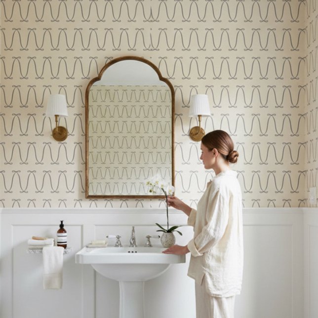 Minimal Bow Pattern Elegant Neutral Modern design 壁紙 (Stylish modern, coquette charcoal and cream ribbon bow wallpaper )