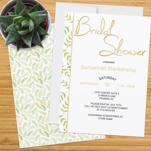 Minimal Bridal Shower Fern Leaf Border 招待状