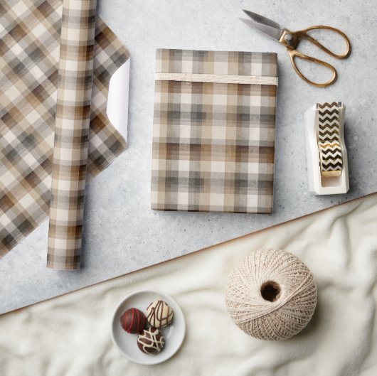 Minimal Brown Plaid Holiday ラッピングペーパー (クラフト)