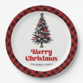 Minimal Buffalo Plaid Tree Christmas Paper Plates ペーパープレート (正面)