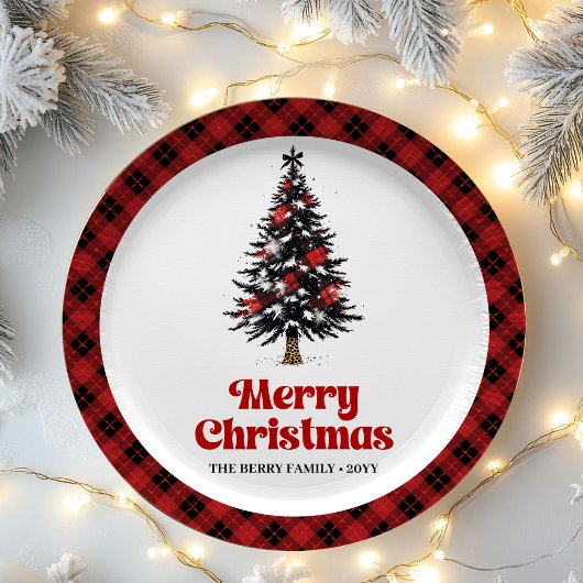 Minimal Buffalo Plaid Tree Christmas Paper Plates ペーパープレート