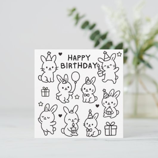 Minimal Bunny Doodle Birthday Card カード (スタンド正面)