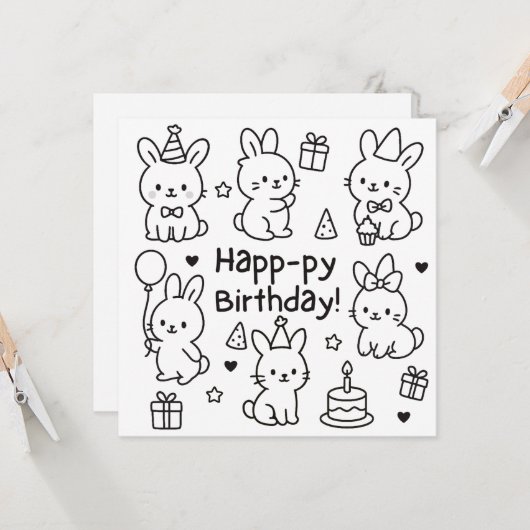 Minimal Bunny Doodle Birthday Card カード (正面/裏面インサイチュ)