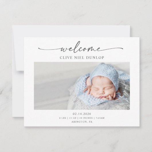 Minimal Calligraphy Boho Birth Announcement Card サンキューカード (正面)