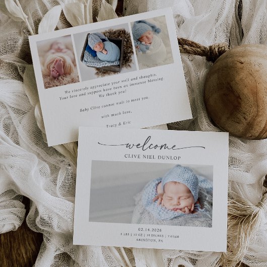 Minimal Calligraphy Boho Birth Announcement Card サンキューカード