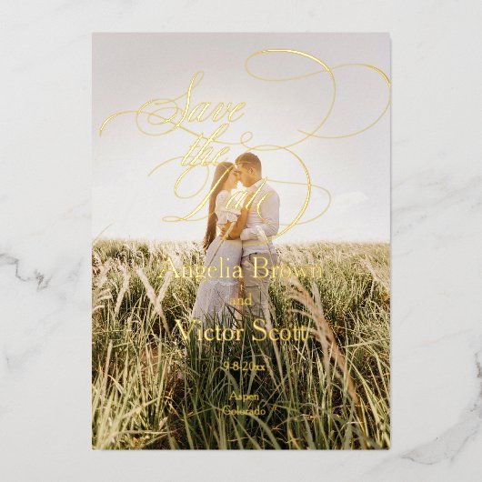 Minimal Calligraphy Save the Date Photo 箔招待状 (正面)