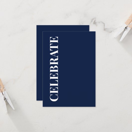 Minimal CELEBRATE | Navy Blue Holiday Greeting カード (正面/裏面インサイチュ)