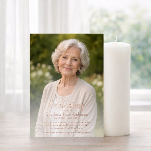 Minimal Celebration of Life Script Photo Rose Gold 箔招待状