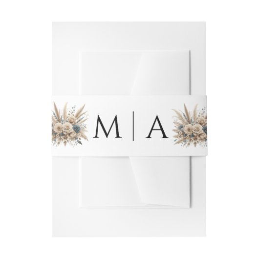 Minimal Chic Dusty Blue White Monogram Pampas Gras 招待状ベリーバンド (正面例)