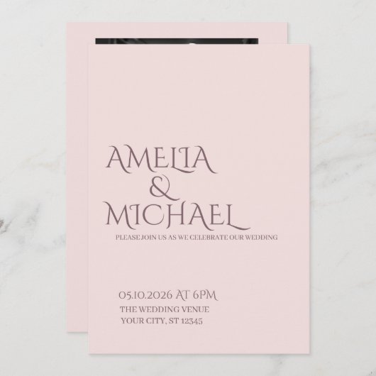 Minimal Chic Prune and Blush Wedding Invitation 招待状 (正面/裏面)