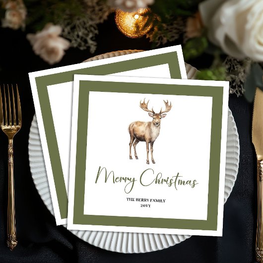 Minimal Christmas Deer Neutral Family Name Napkins スタンダードカクテルナプキン