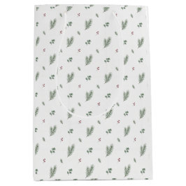 Minimal Christmas Pattern, Pine, Berries ミディアムペーパーバッグ