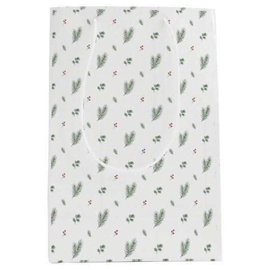 Minimal Christmas Pattern, Pine, Berries ミディアムペーパーバッグ (正面)