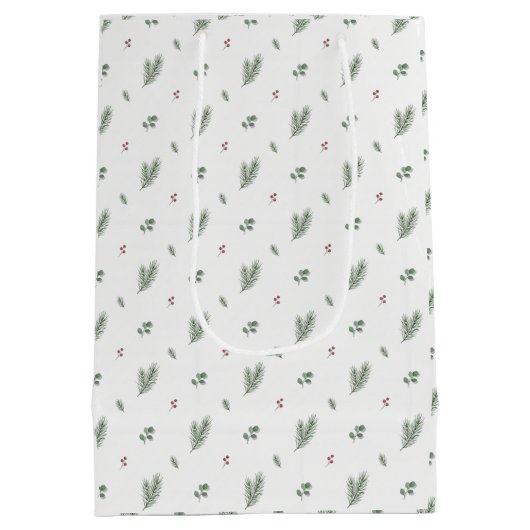 Minimal Christmas Pattern, Pine, Berries ミディアムペーパーバッグ (裏面)