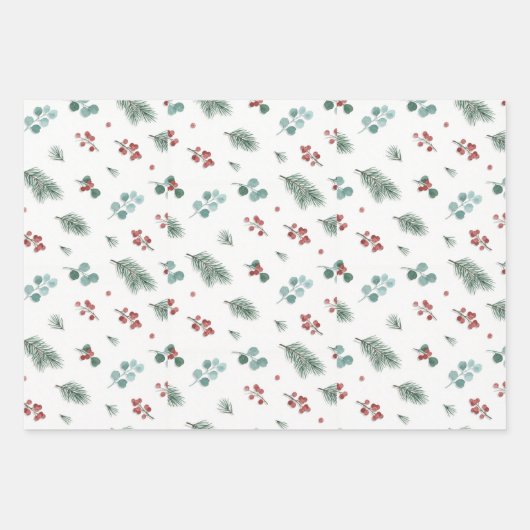 Minimal Christmas Pattern, Pine & Berries  ラッピングペーパーシート (正面)