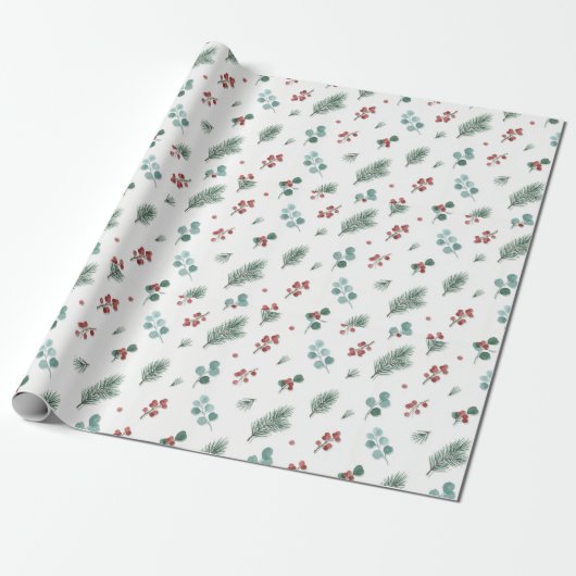 Minimal Christmas Pattern, Pine & Berries  ラッピングペーパー (アンロールド)