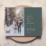 Minimal Christmas Scandinavian Forest Green Photo シーズンカード<br><div class="desc">A stylish modern holiday photo flat greeting card with a modern minimal typography quote "all is merry and bright" paired with a handwritten script font for your family name in white with a dark forest green feature color in a 'scandi' scandinavian design style. The greeting, name, year and message can...</div>