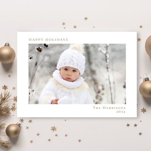 Minimal Christmas White Gold Happy Holidays Photo シーズンカード