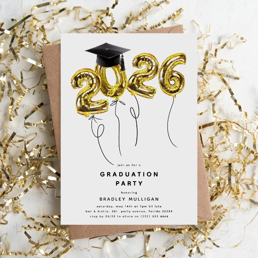 Minimal Class of '2026' Gold Balloons Graduation 招待状