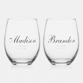 Minimal Classic Script Couple Names Engagement ステムなしワイングラス (正面)