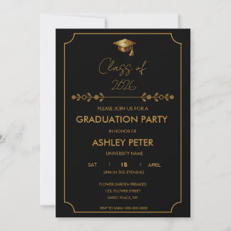 Minimal Classy Black & Gold Grad Party Invitation 招待状