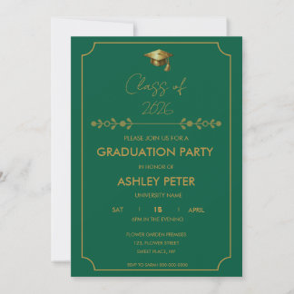 Minimal Classy Green & Gold Grad Party Invitation 招待状