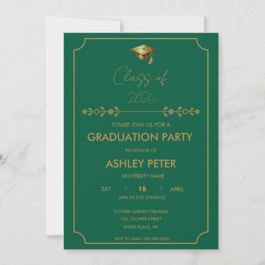 Minimal Classy Green & Gold Grad Party Invitation 招待状 (正面)