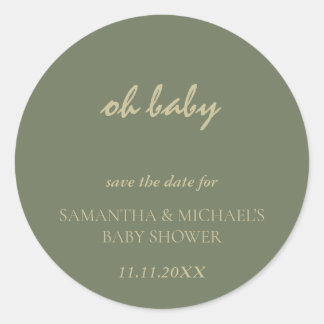 Minimal Clean Sage Gold Script BABY Save Date ラウンドシール