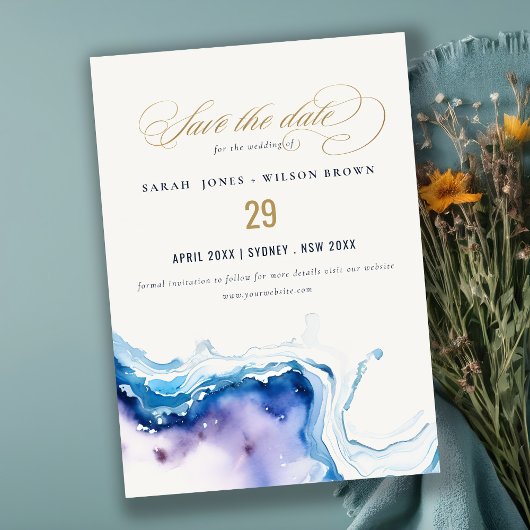 Minimal Coastal Sea Beach Watercolor Wedding セーブザデート