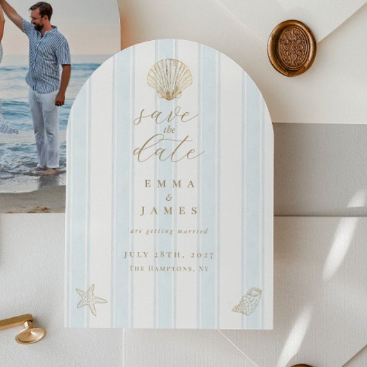Minimal Coastal Seashell Wedding Save the Date 招待状