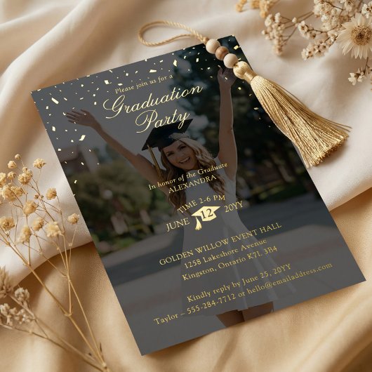 Minimal Confetti Bold Graduation Year Photo Party 箔招待状