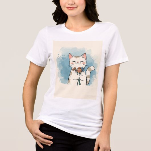 Minimal Cute Cat with Flower T-Shirt トライブレンドＴシャツ (正面)