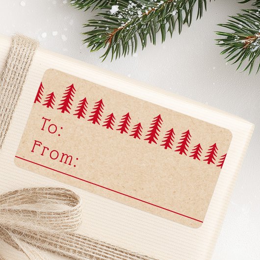 Minimal cute Christmas trees red Kraft print ラベル