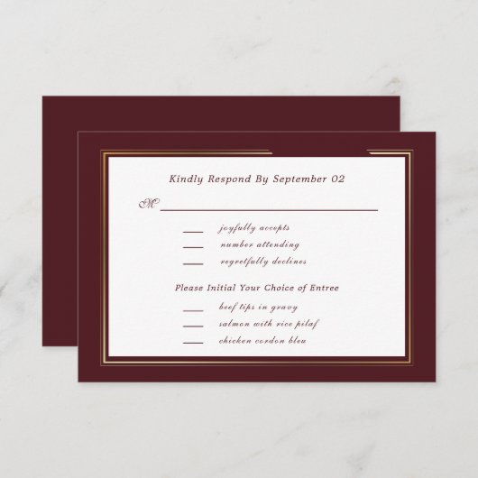 Minimal Dark Burgundy Gold Menu Selection RSVP  (正面/裏面)