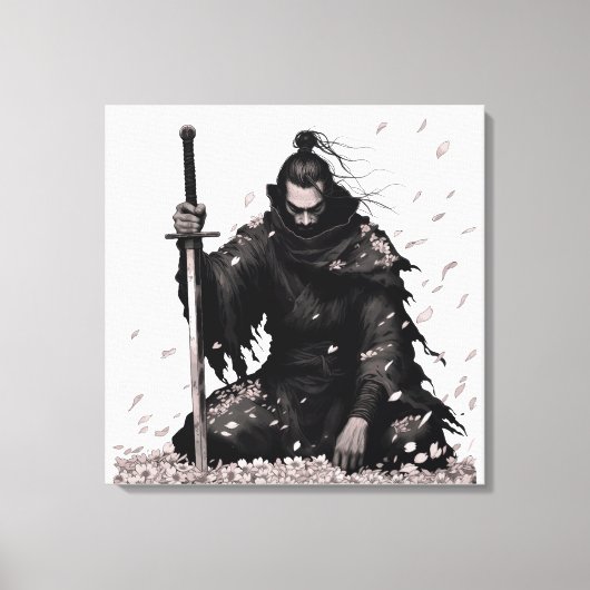 Minimal Dark Samurai Warrior with Sakura Petals Ja キャンバスプリント (正面)