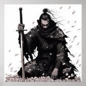 Minimal Dark Samurai Warrior with Sakura Petals Ja ポスター (正面)