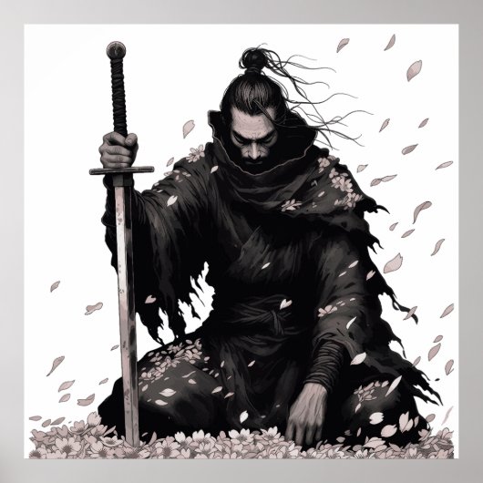Minimal Dark Samurai Warrior with Sakura Petals Ja ポスター (正面)