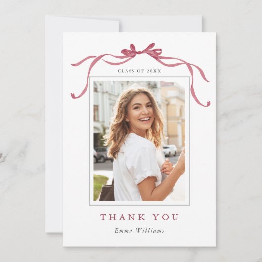 Minimal Deep Blush Bow Graduation Photo サンキューカード (正面)