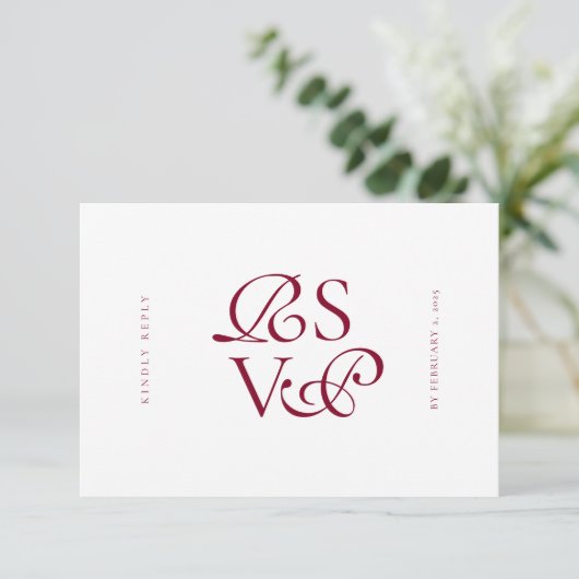 Minimal Deep Burgundy Script Qr Code Wedding 出欠カード (スタンド正面)