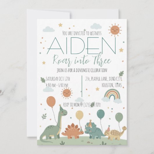 Minimal Dinosaur 3rd Birthday Party Neutral Boho 招待状 (正面)