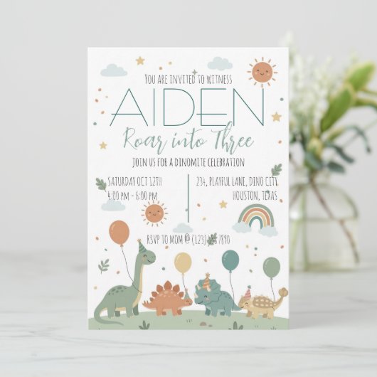 Minimal Dinosaur 3rd Birthday Party Neutral Boho 招待状 (スタンド正面)
