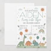 Minimal Dinosaur 3rd Birthday Party Neutral Boho 招待状 (正面/裏面)