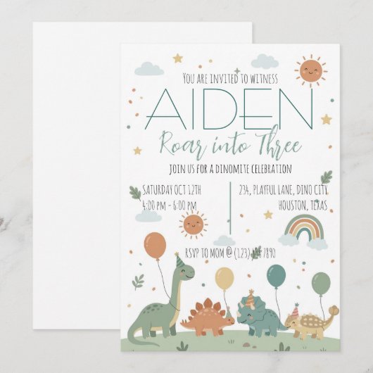 Minimal Dinosaur 3rd Birthday Party Neutral Boho 招待状 (正面/裏面)