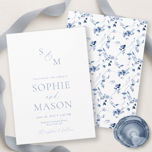 Minimal Dusty Blue Monogram Wedding Invitation 招待状