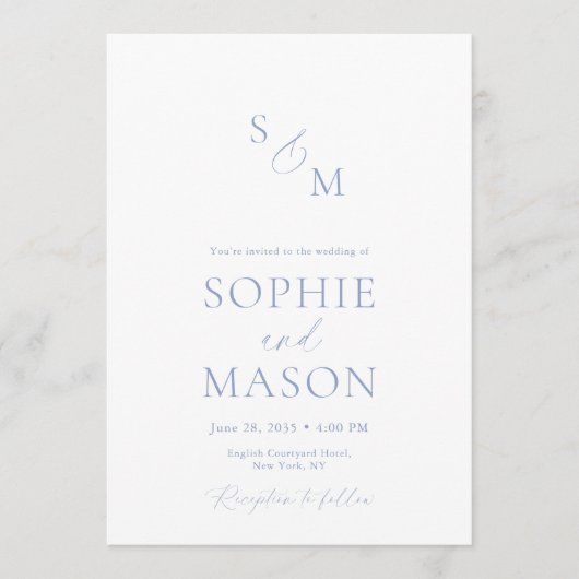 Minimal Dusty Blue Monogram Wedding Invitation 招待状 (正面)