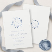Minimal Dusty Blue Monogram Wreath Wedding  招待状