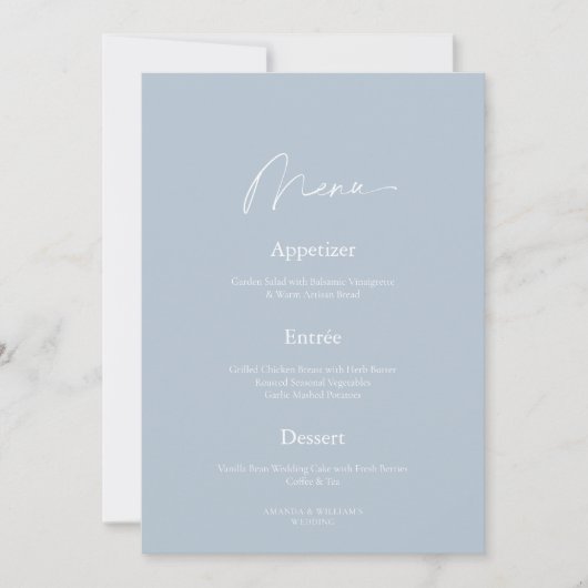 Minimal Dusty Blue Wedding Menu & Thank You Card 招待状 (正面)