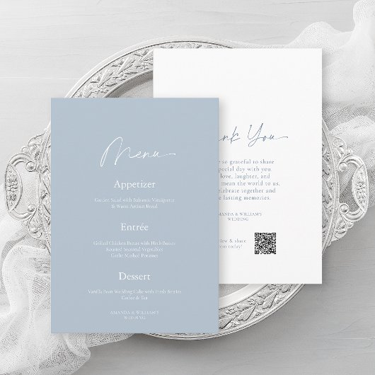 Minimal Dusty Blue Wedding Menu & Thank You Card 招待状